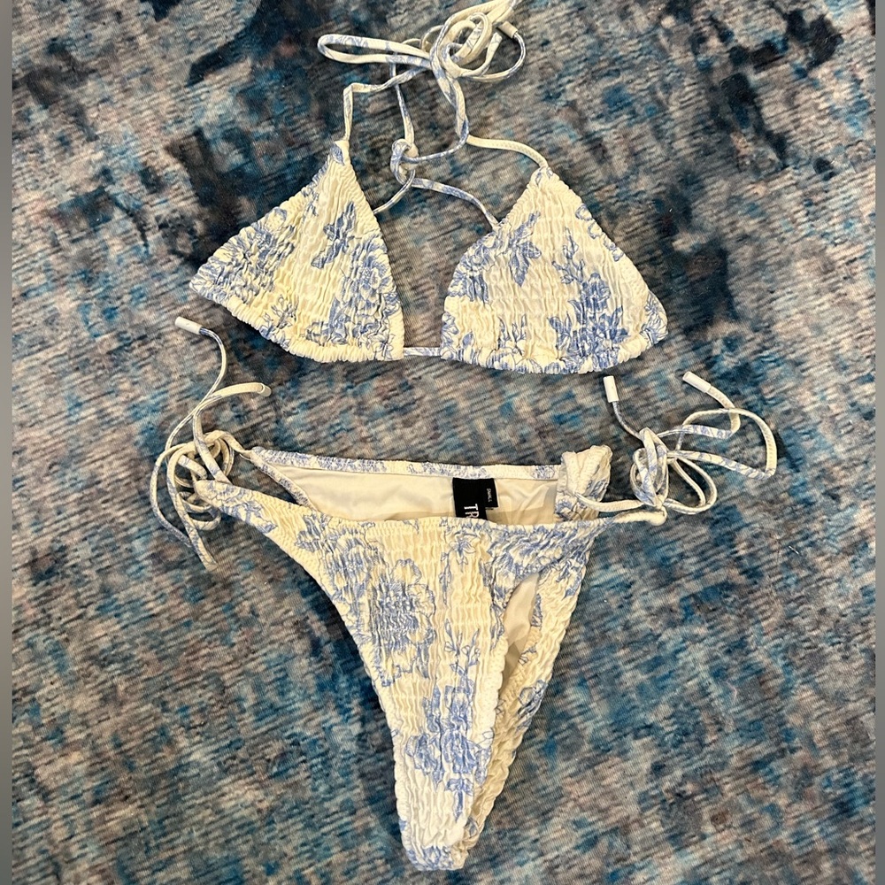 Triangl White and Blue Floral Smocked Bikini Set